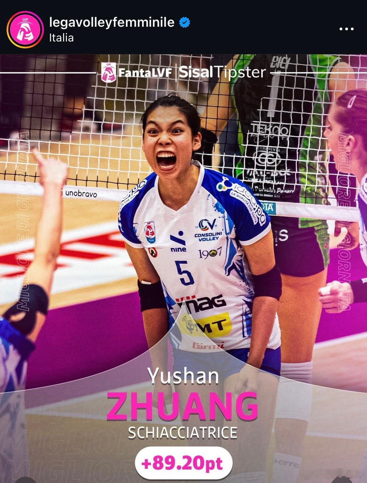 意甲第20轮最佳球员—庄宇珊这个是小庄第一个单场MV P和单轮MVP祝贺庄宇珊留