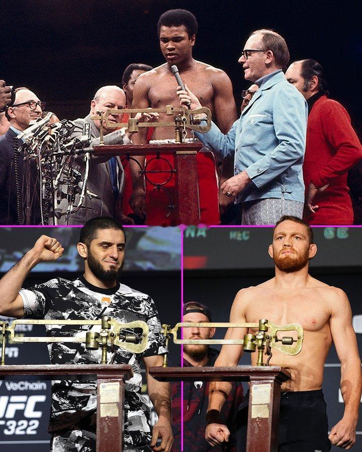 在 UFC322的称重仪式上，选手们使用了与1971年穆罕默德·阿里Muhamm