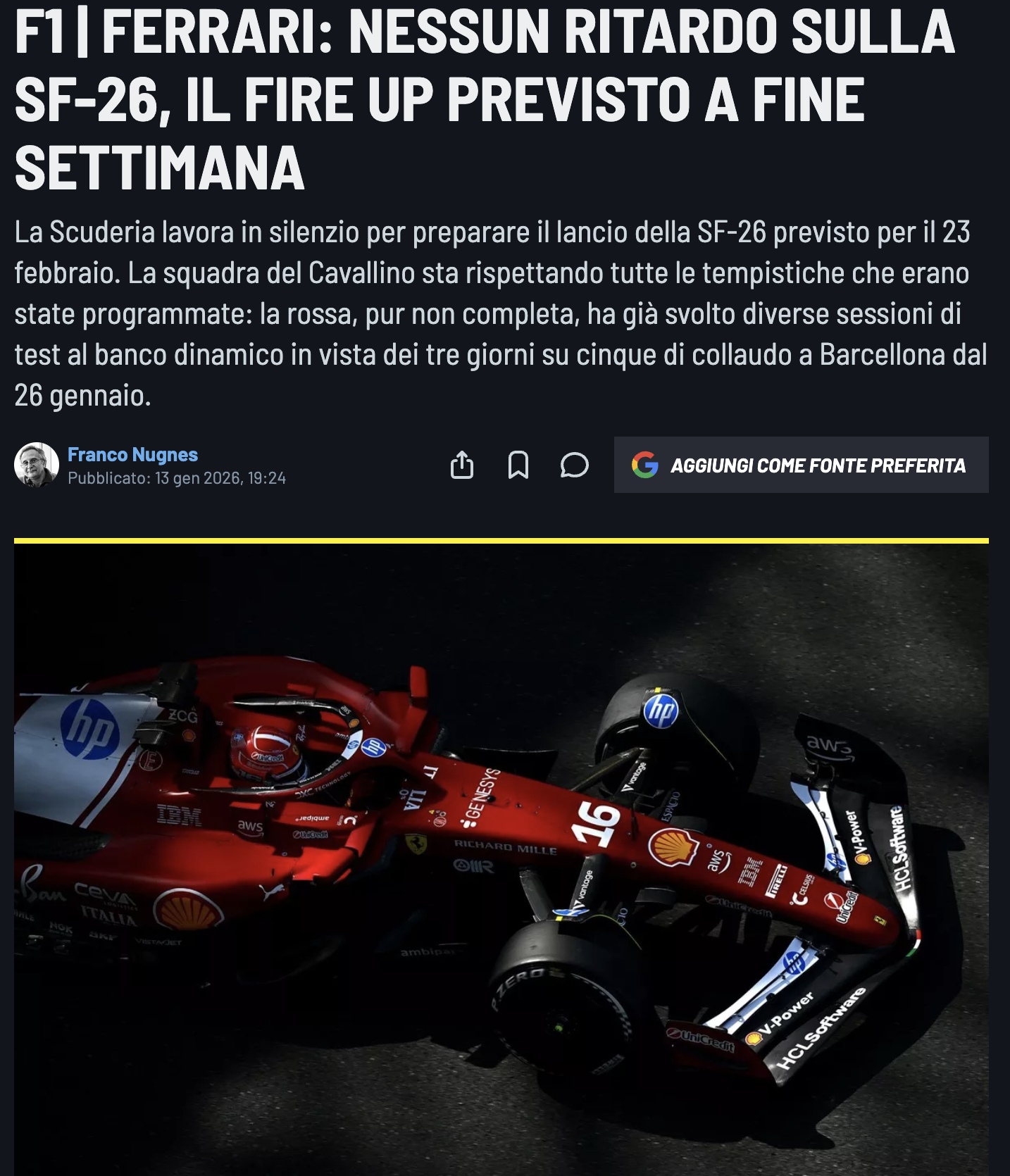 F1 关于法拉利SF-26的项目进度又有了新的报道。与AutoRacer.it此