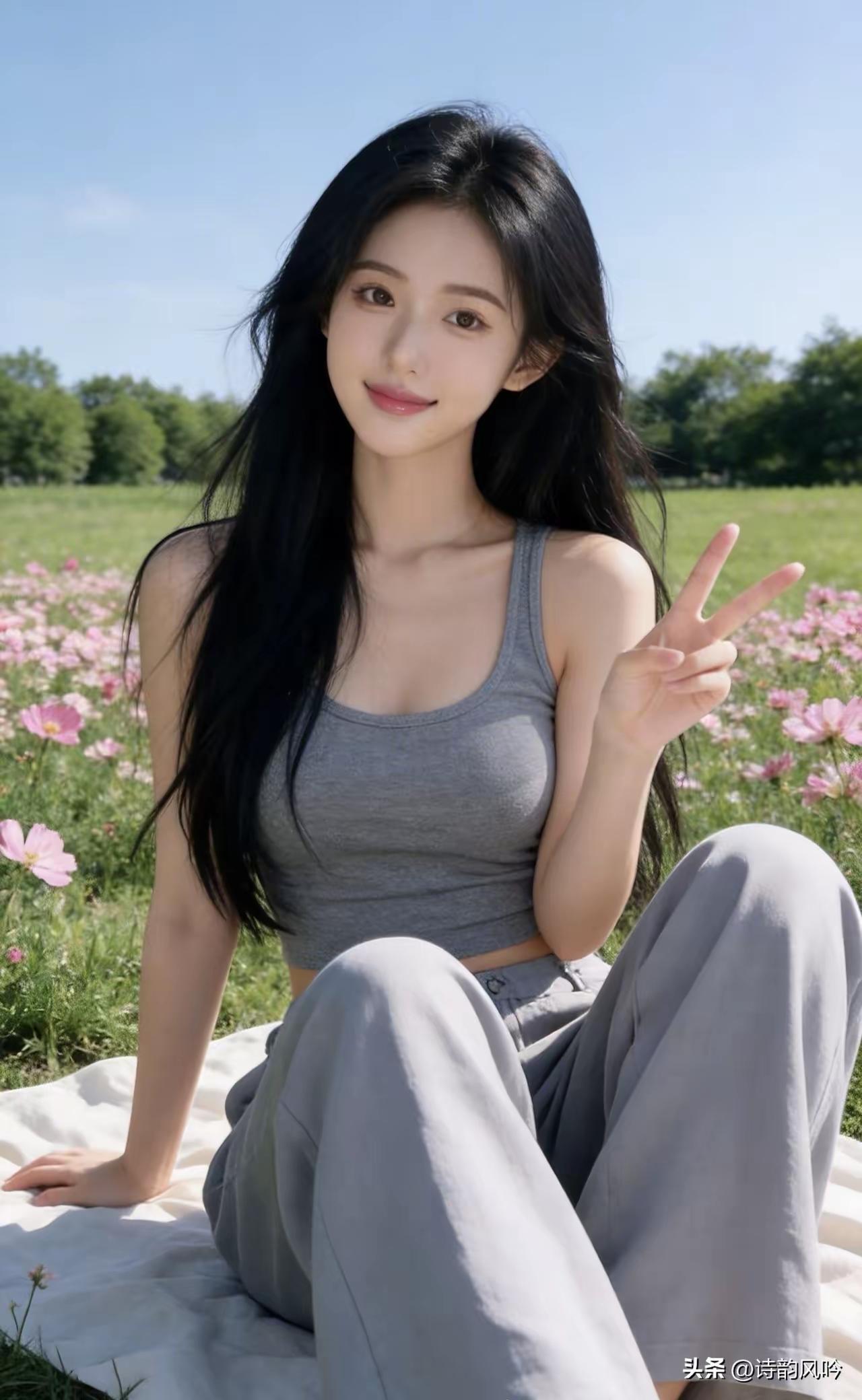 捣练子·春日赏花
芳草径，野花香，
笑坐春风倩影长。
轻比剪刀留丽影，
欢颜一晒