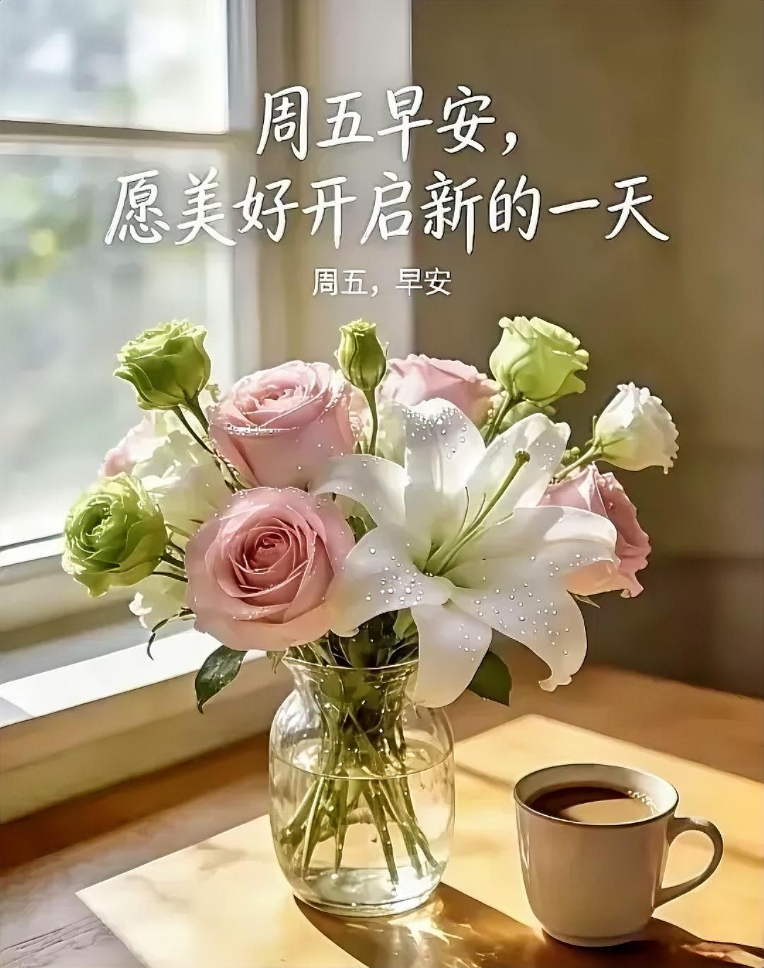 周五早安呀！花香咖啡相伴，美好如约而至，今天也要元气满满哦~