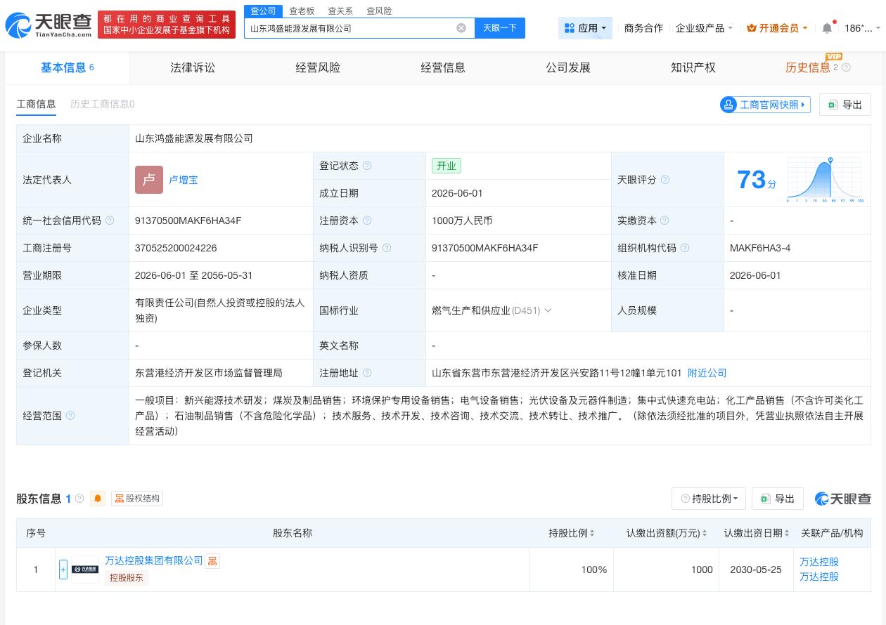 万达集团在山东成立能源公司

天眼查App显示，近日，山东鸿盛能源发展有限公司成