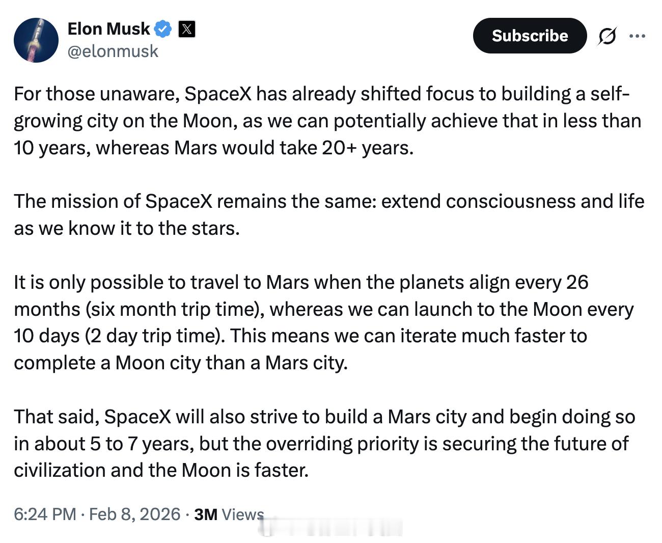 大家都在看美国春晚的时候，马斯克在考虑建造月球、火星城市以确保人类文明的未来：“