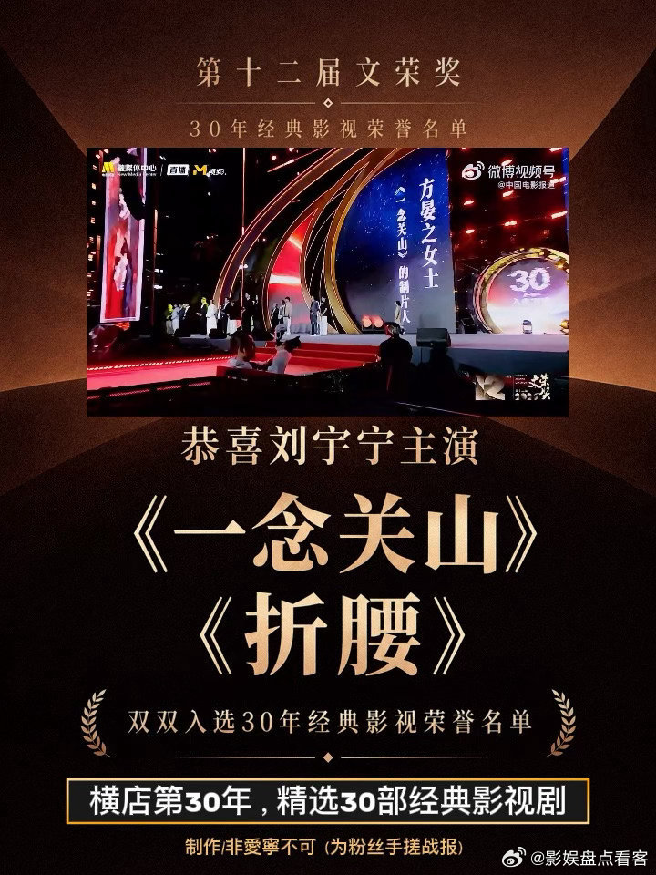 在庆祝横店影视城30周年之际第十二届文荣奖特别设置「30年经典影视」荣誉刘宇宁的