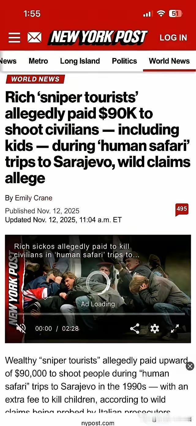 玩物丧志！玩人丧德！
那这直接视人命为游戏，叫什么？

9万美元就可以在萨拉热窝