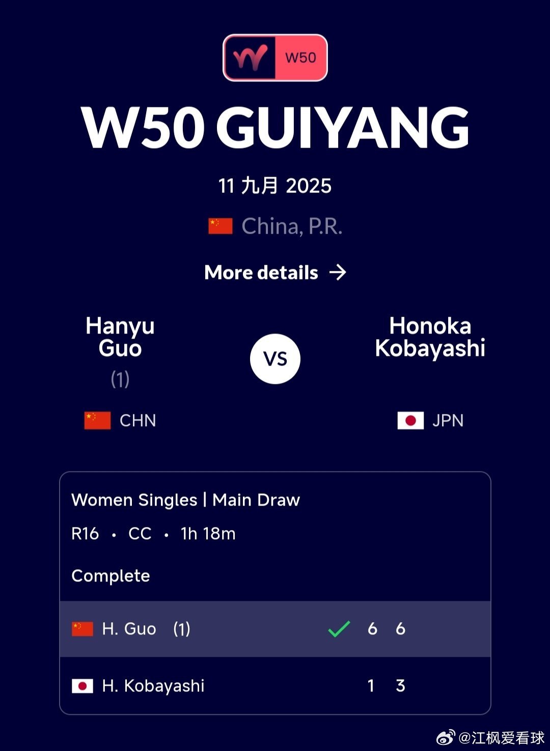 W50贵阳站🇨🇳女单第二轮头号种子郭涵煜🇨🇳6-1/6-3轻取小林火乃香