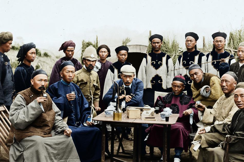 1886年，《中英缅甸条款》签订后，中缅边界委员会的中英双方成员会面，桌前既有身