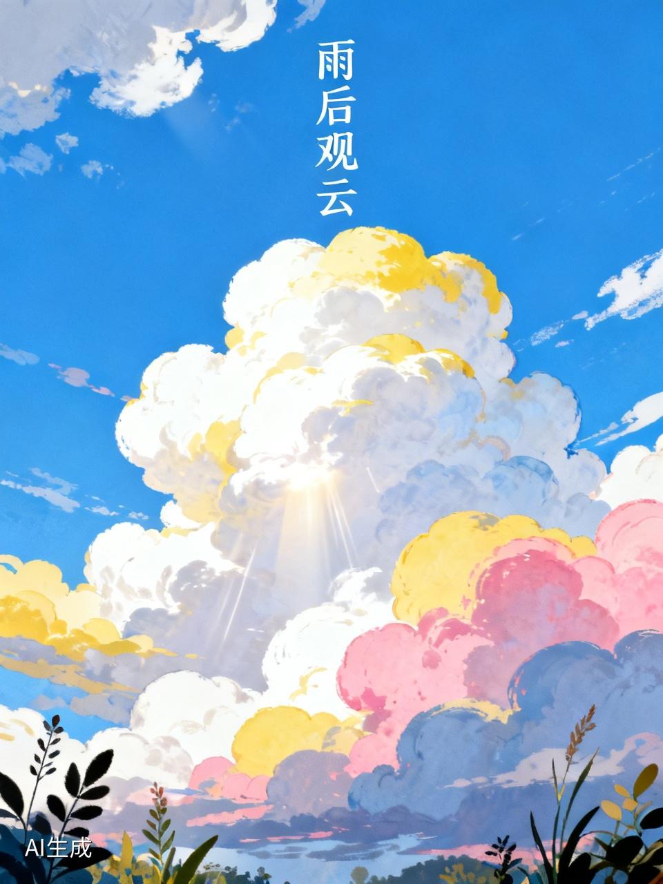 《雨后观云》一天霁云天上飘，心爱美景喜眉梢。一阵微风抚耳过，意境变换更奇妙。