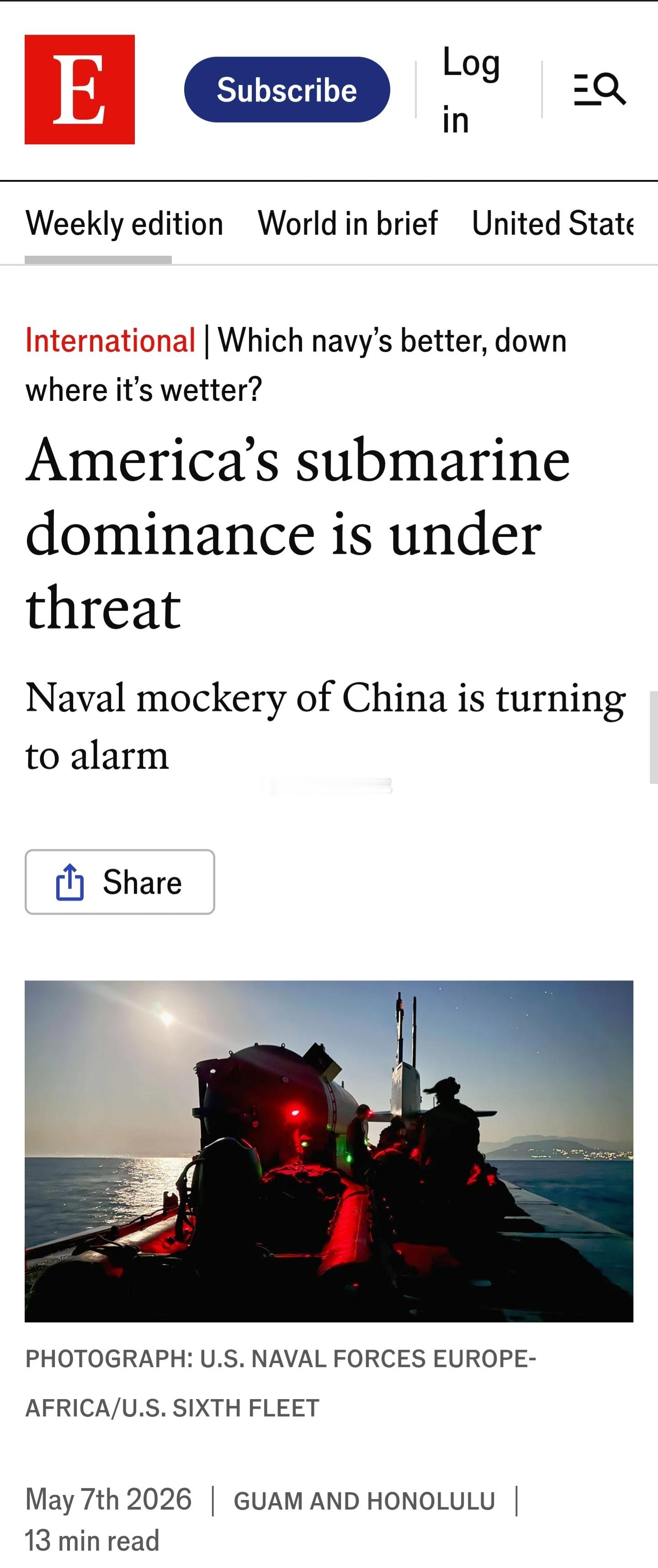 经济学人：海洋深处是美国目前仍然对中国保持明确军事优势的最后领域 。 随着战场被