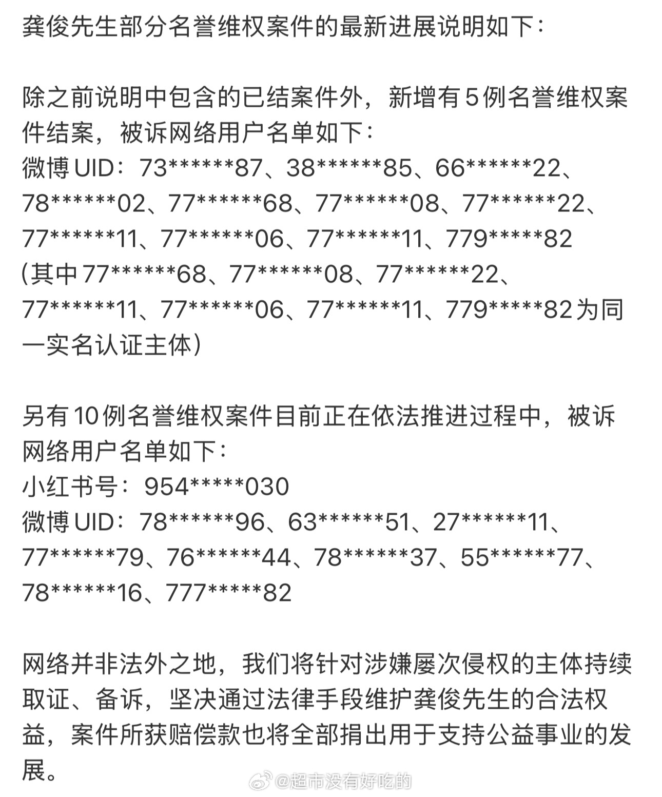 龚俊最新名誉维权案件进展说明案件所获赔偿款将全部捐出用于支持公益事业的发展支持龚