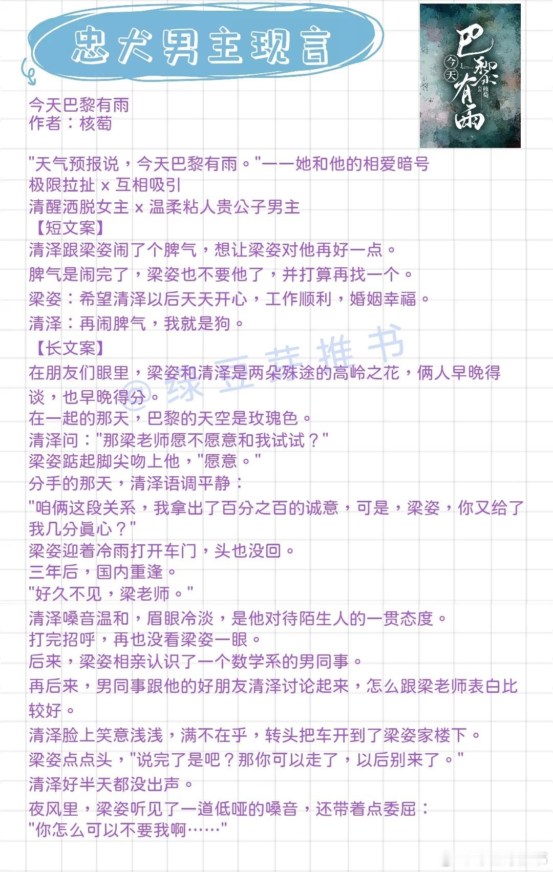 🌻忠犬男主现言：你怎么可以不要我？《今天巴黎有雨》作者：核萄《难逃偏执少年的宠