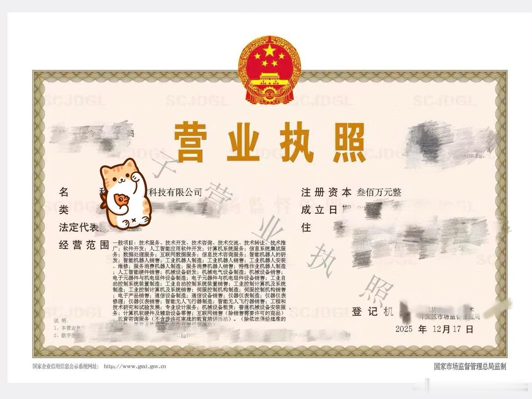 今天！顺利取得营业执照！ 以后请叫我科技公司创始人（co-founder）12月