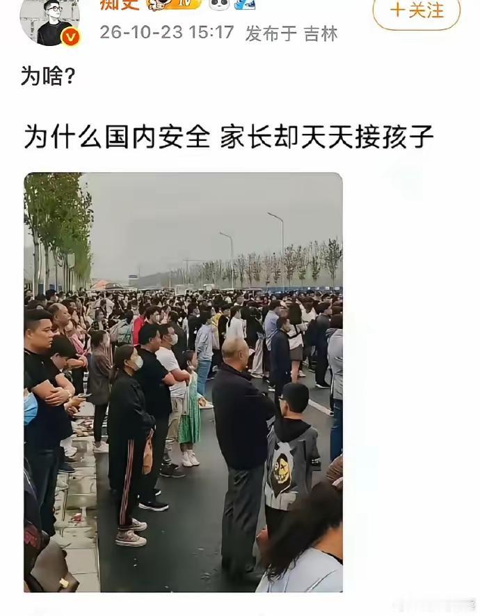 网友发文：“国内整体治安水平很高，为什么每天上学放学，校门口都会挤满接送孩子的家