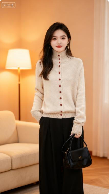 立领羊毛开衫女 百搭保暖毛衣外套