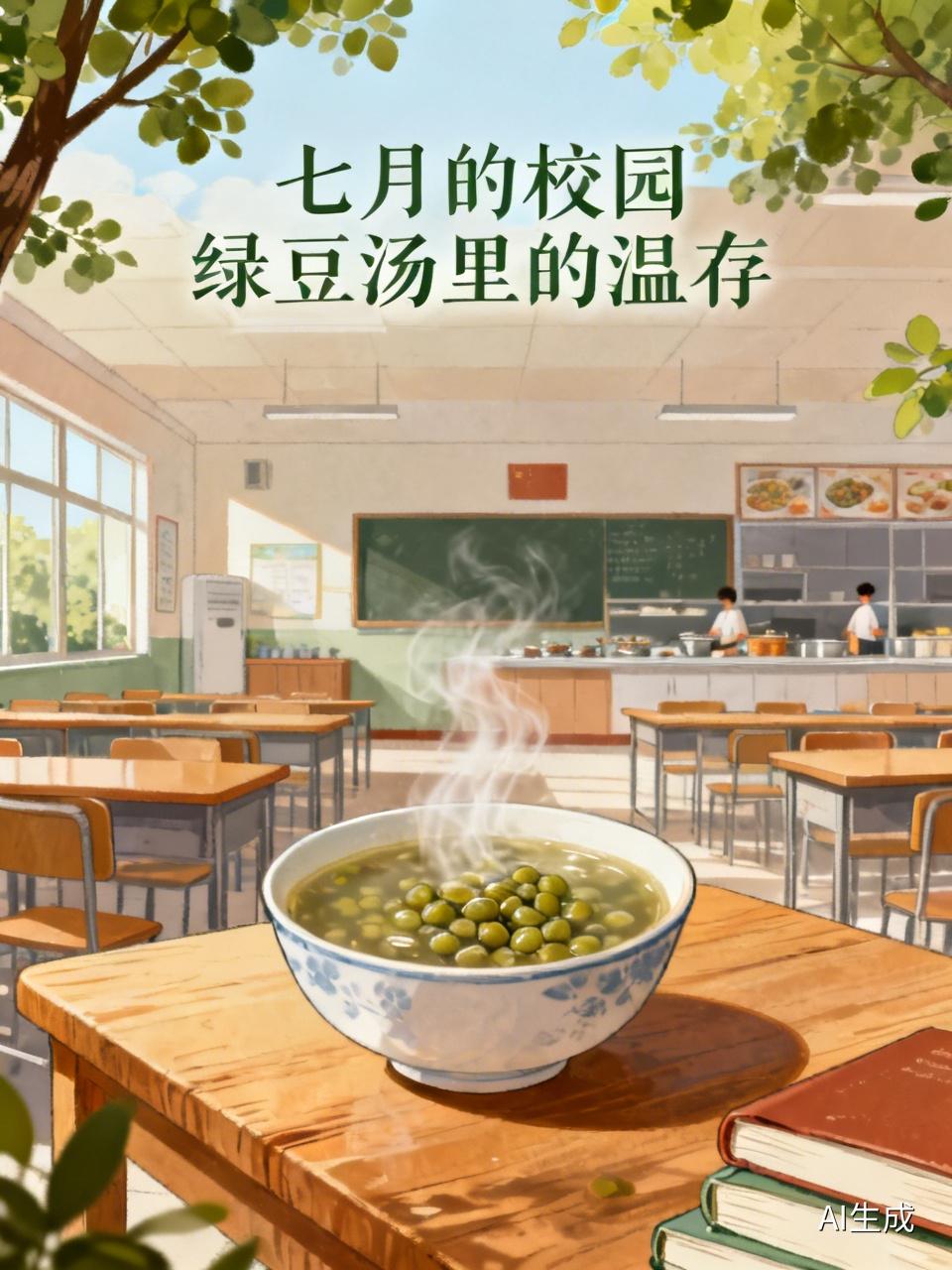 七月的校园骄阳似火，
烤着同学们的的脊背，
蒸着教室里的课本；
食堂里绿豆汤在铁