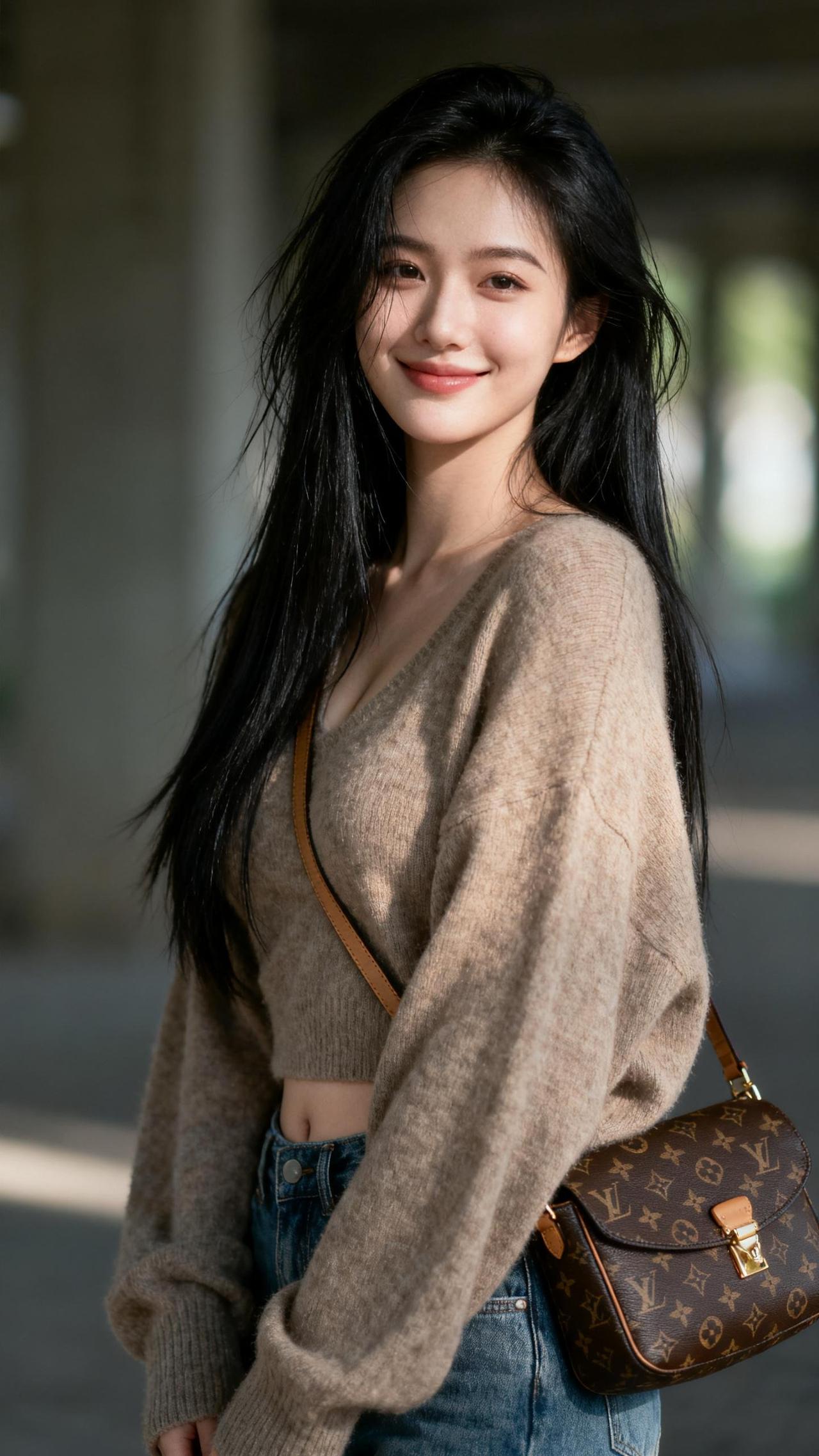 笑颜如花绽，黑发似云飘。