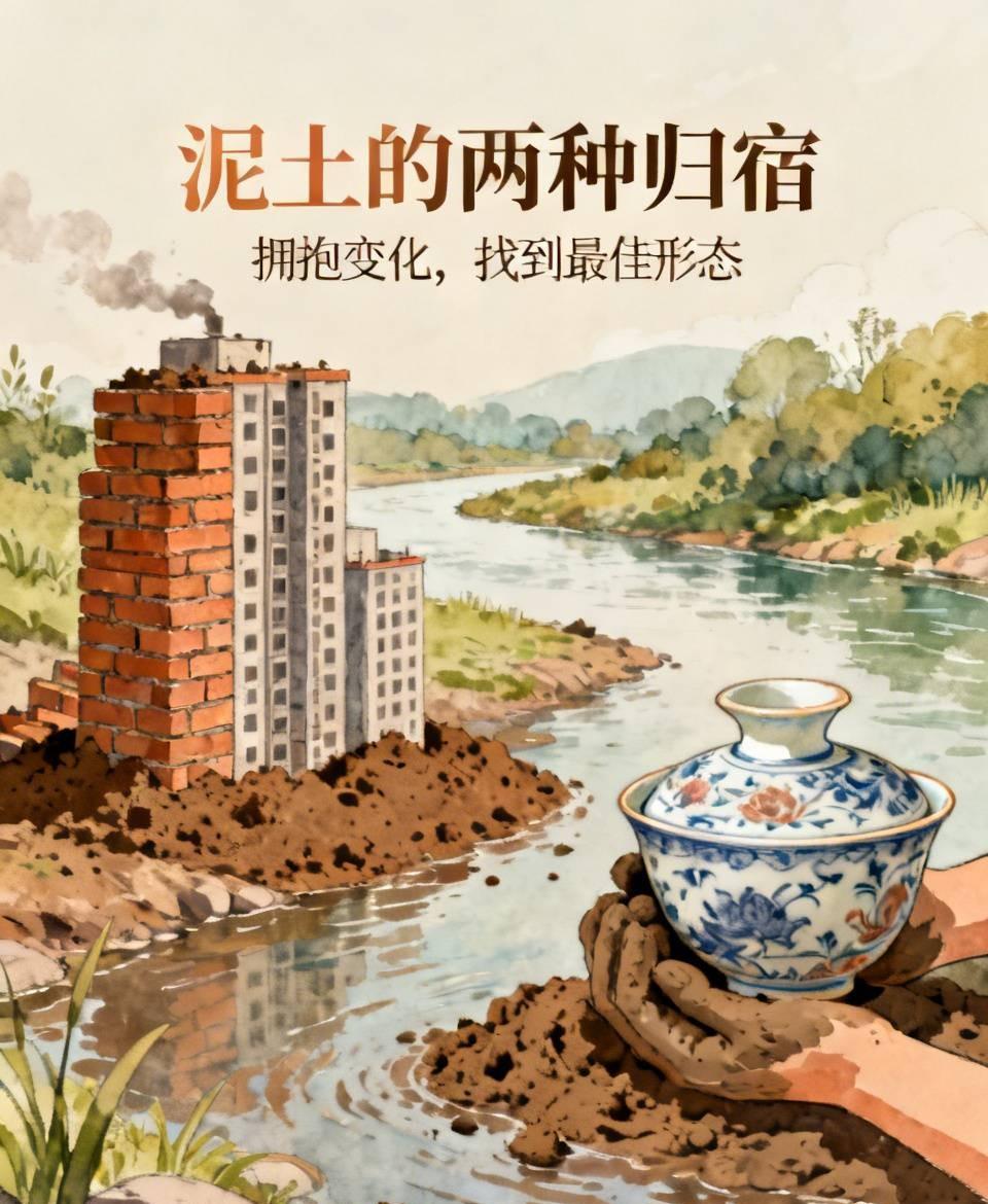 泥土的两种归宿
同是河边的泥土，一部分被烧成了坚硬的砖瓦，砌成高楼抵御风雨；另一