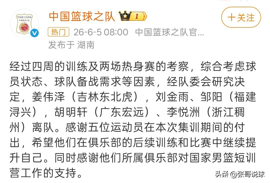 中国男篮官宣，姜伟泽等五人离队，两场热身赛姜伟泽没把握住机会，后面很难再有机会了