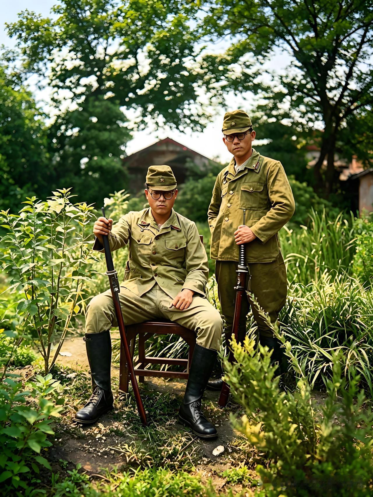 1938年-1945年二战时期，两名日本陆军军官合影的老照片。
照片中日本军官头