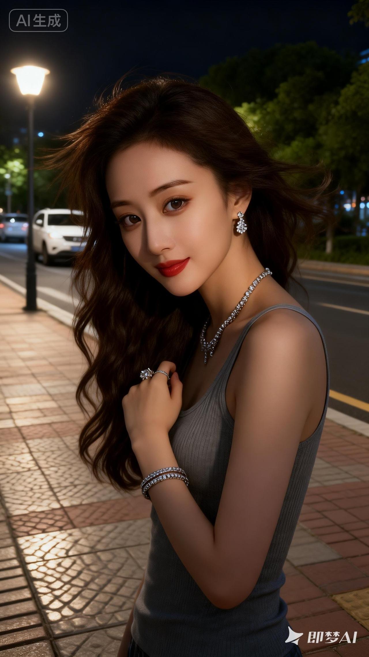 夜晚街头的迷人少女，闪耀的珠宝点缀着她的优雅。
