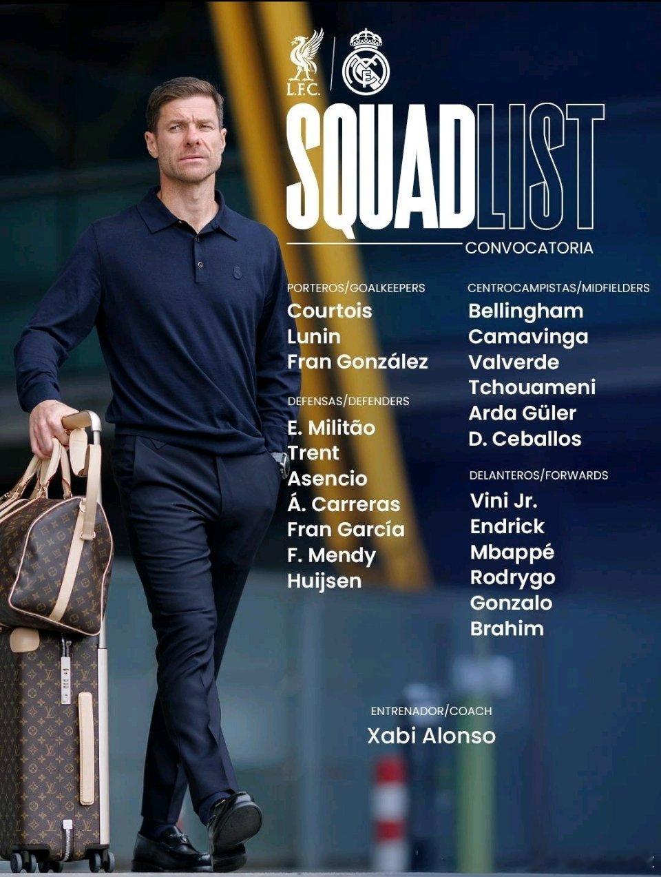 北京时间11月5日凌晨，欧冠第4轮，皇马客场挑战利物浦。赛前，皇马官方公布了本轮