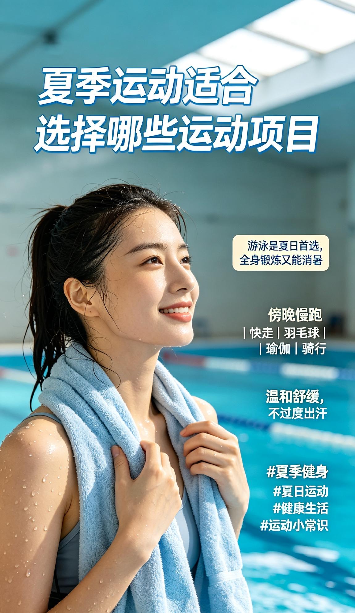 夏季气温偏高，剧烈运动容易中暑，更适合选择温和舒缓的项目。游泳是夏日首选，既能全