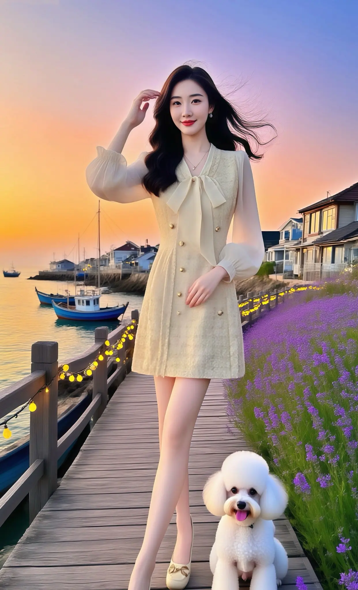 落日与她。海边栈道被夕阳染成蜜色，裙摆随海风轻摆。她踩着浅金高跟，走过...