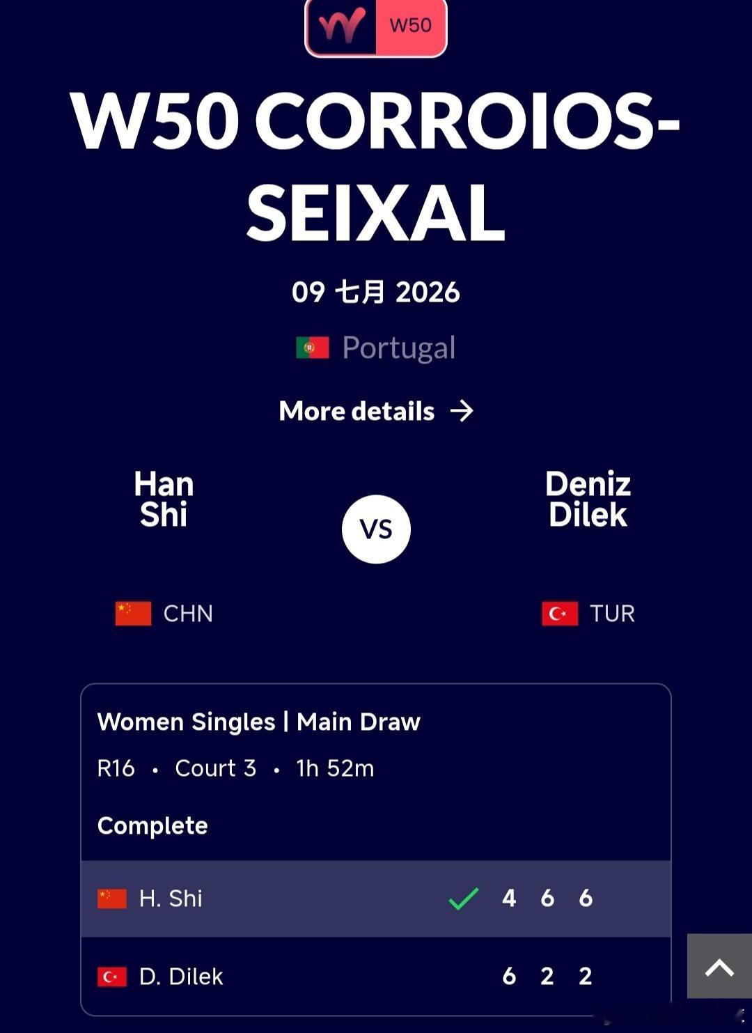 W50塞沙尔站🇵🇹女单第2轮施晗🇨🇳4-6/6-2/6-2逆转战胜资格赛