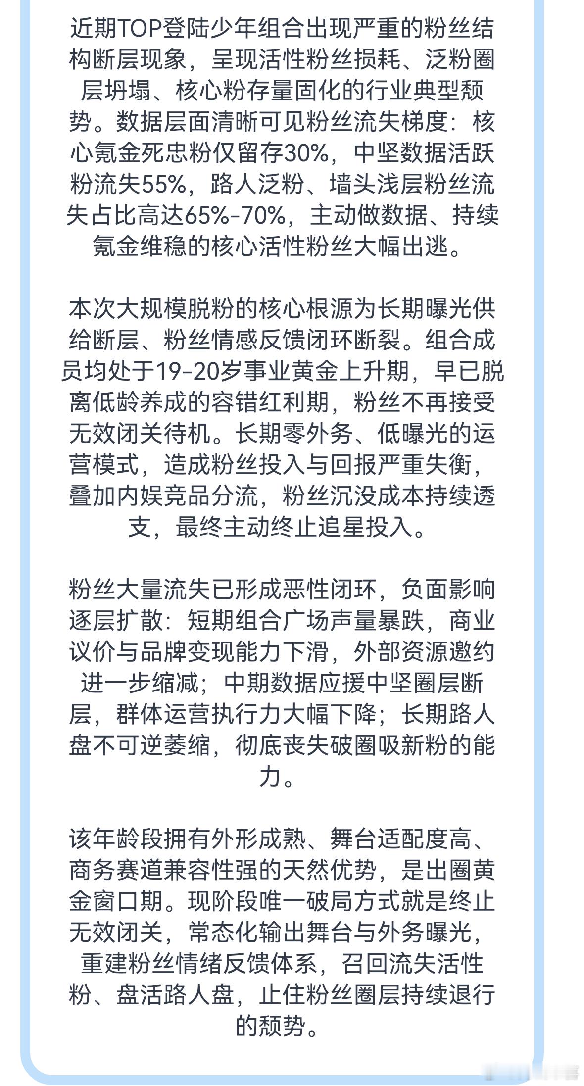 数据复盘：TOP登陆少年组合上升期粉丝圈层大规模退行与流失溯源 