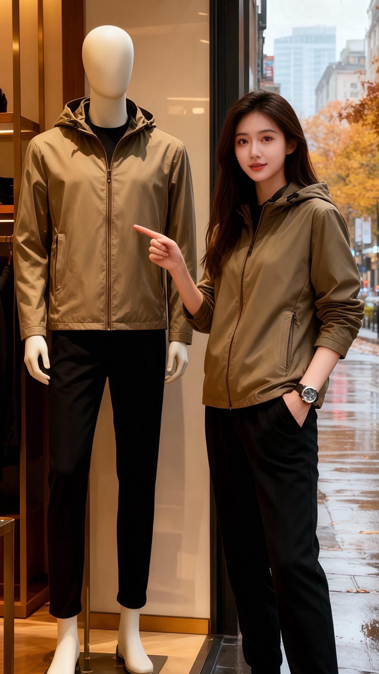 秋街同款  雨丝裹着桂香漫过街面时，苏晚正指着橱窗里的男装款外套：“你...