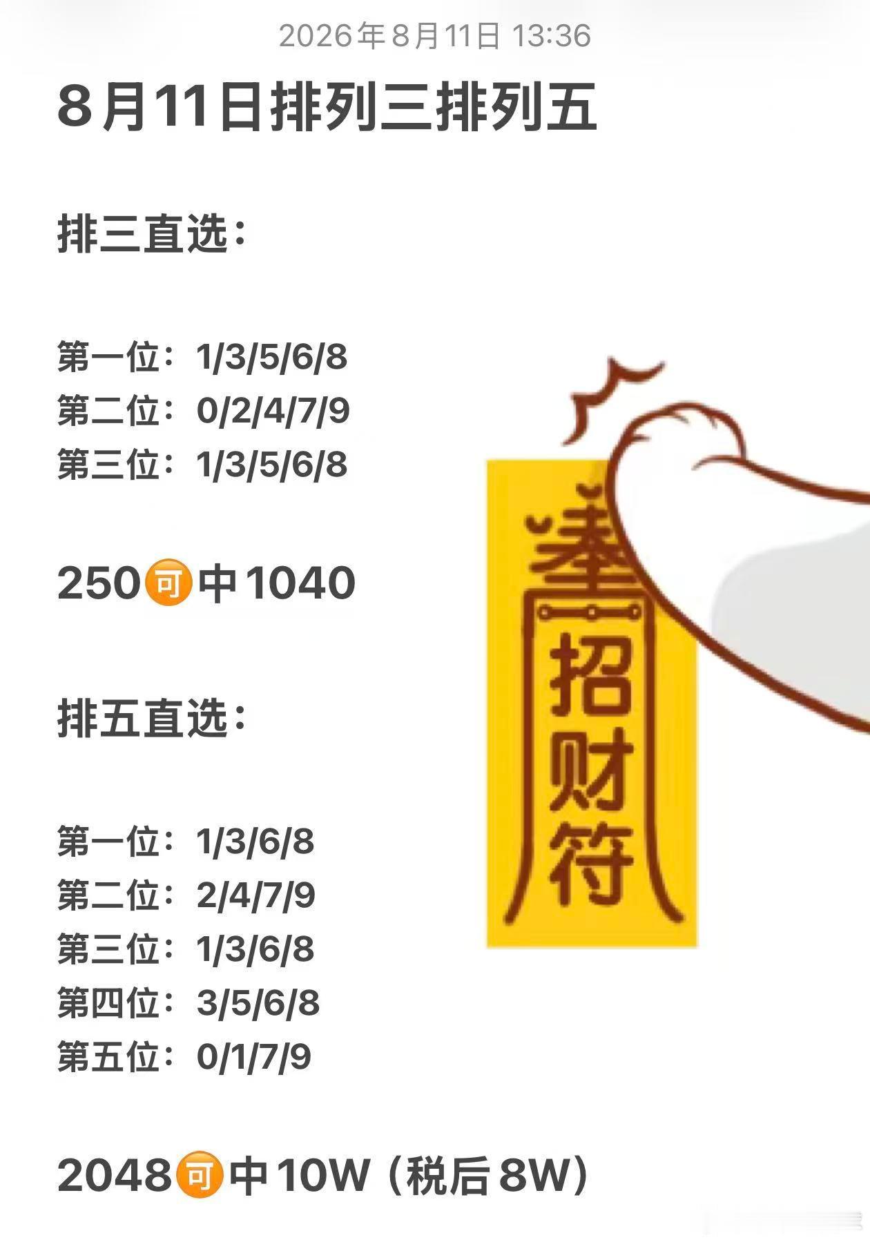 8月11日排列三排列五排三直选:第一位:1/3/5/6/8第二位:0/2/4/7