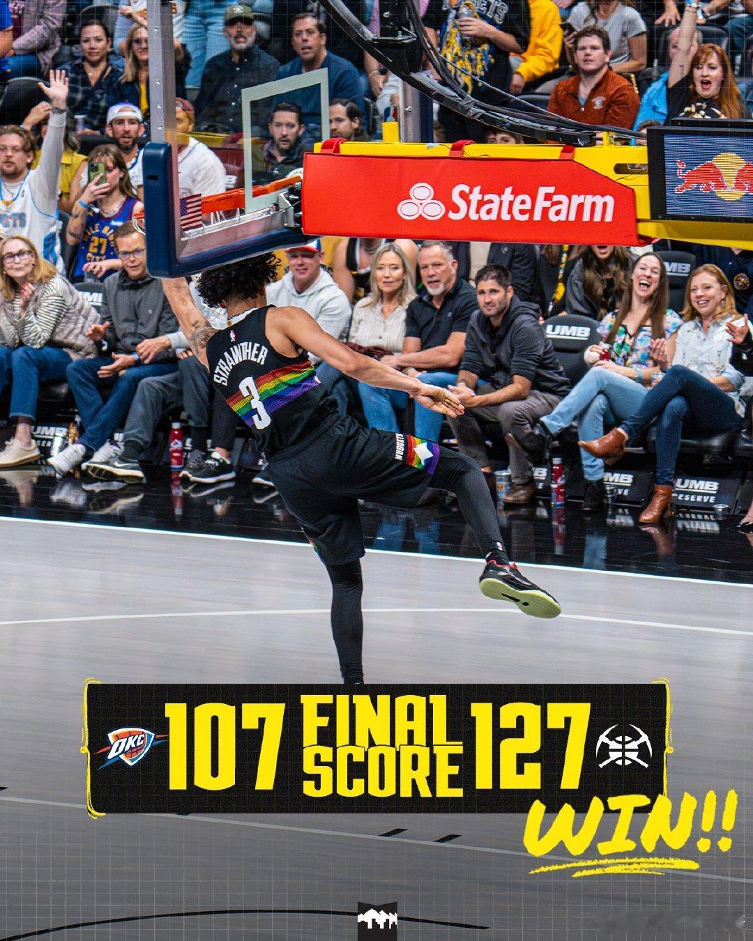 掘金豪取11连胜  掘金127-107战胜雷霆，取得11连胜，以53胜28负的战