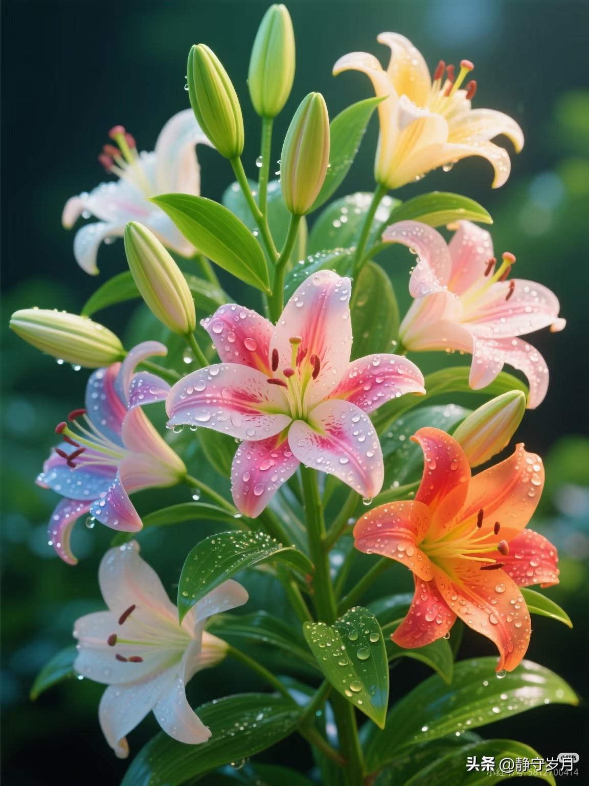 最近喜欢上了花，带着露珠的百合缤纷盛放，清新又治愈，看着就觉得生活温柔又有希望✨