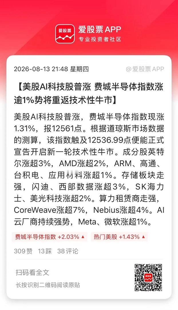 今晚美股又大涨了，标普500再创历史新高，费城半导体指数低位反弹20%，重返技术