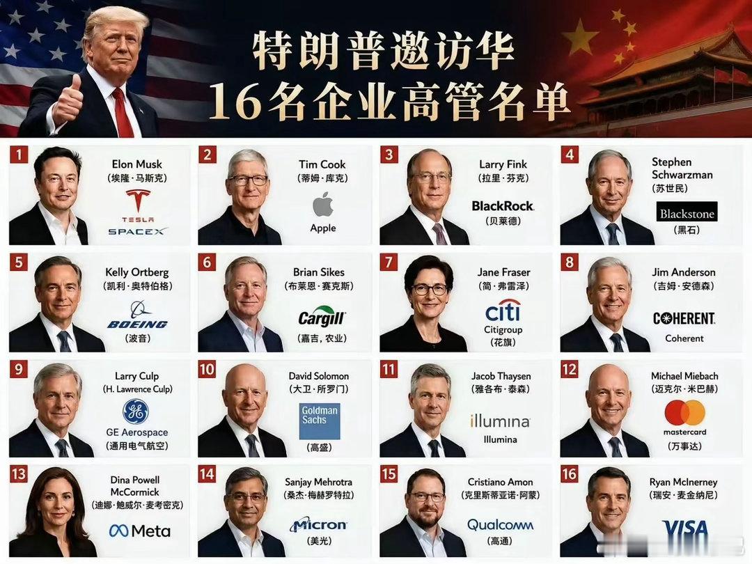 特朗普访华随行的16名企业高管，为啥没有英伟达黄仁勋了。外媒披露部分陪同特朗普访