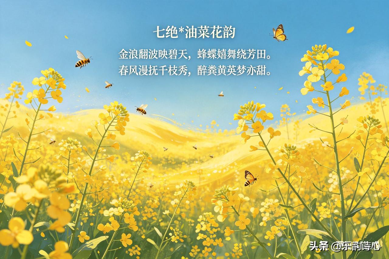 有什么写油菜花的绝句《七绝*油菜花韵》
金浪翻波映碧天，
蜂蝶嬉舞绕芳田。
春风
