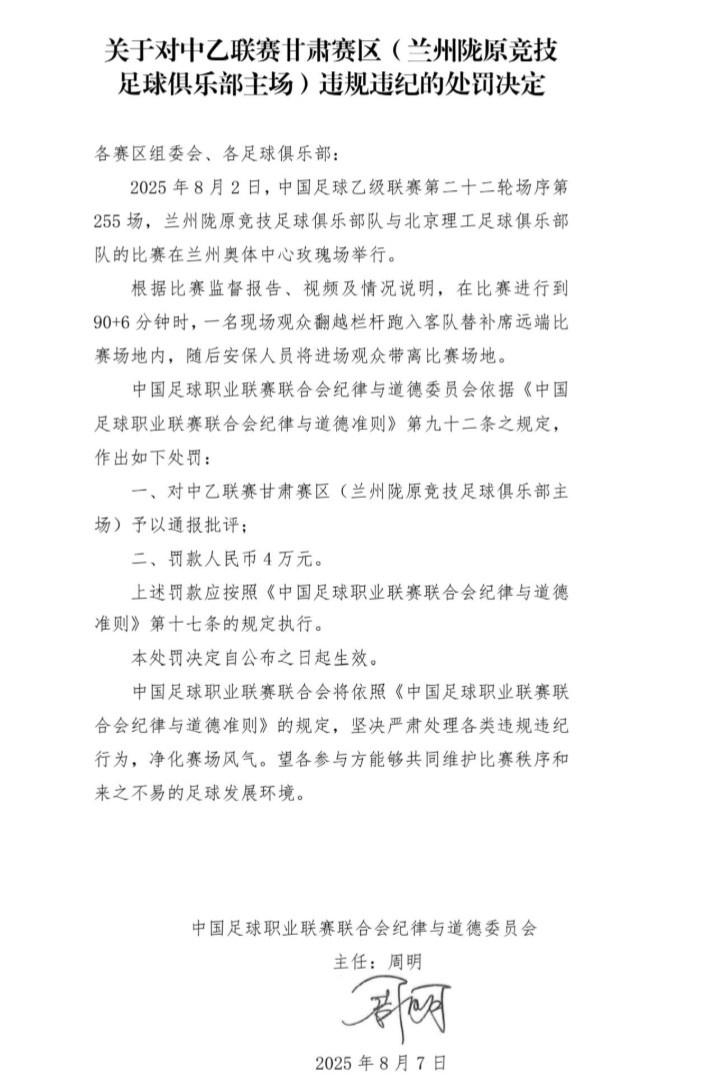 中足联官方消息，对兰州陇原竞技罚款4万元。中乙第22轮兰州陇原竞技主场对阵北京理