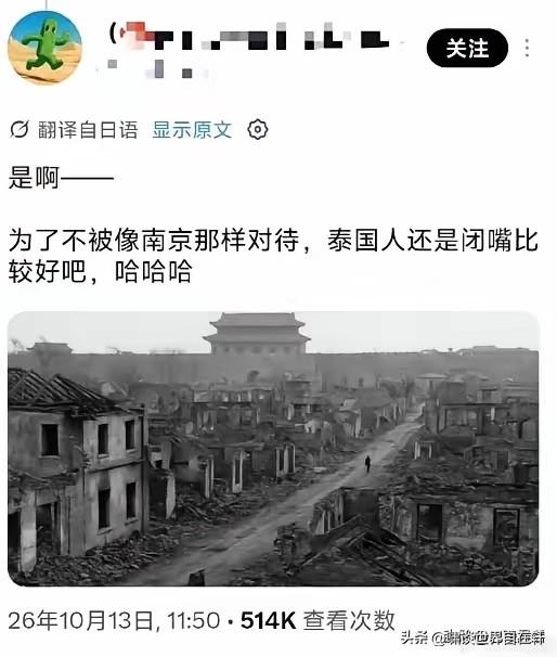 日本网民和泰国网民吵架:
为了不被像南京那样对待，泰国人还是闭嘴比较好吧，哈哈哈