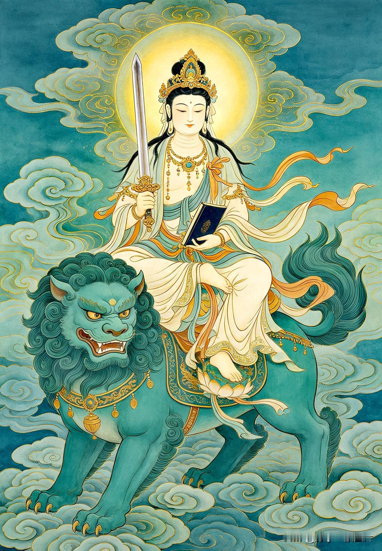 慧剑一挥除杂念，
青狮相伴启灵明。