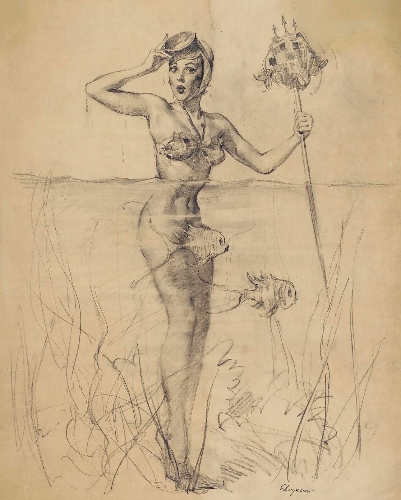 20世纪黄金时代人物插画大师吉尔·艾尔夫格兰的素描稿夏日企画艺术达人