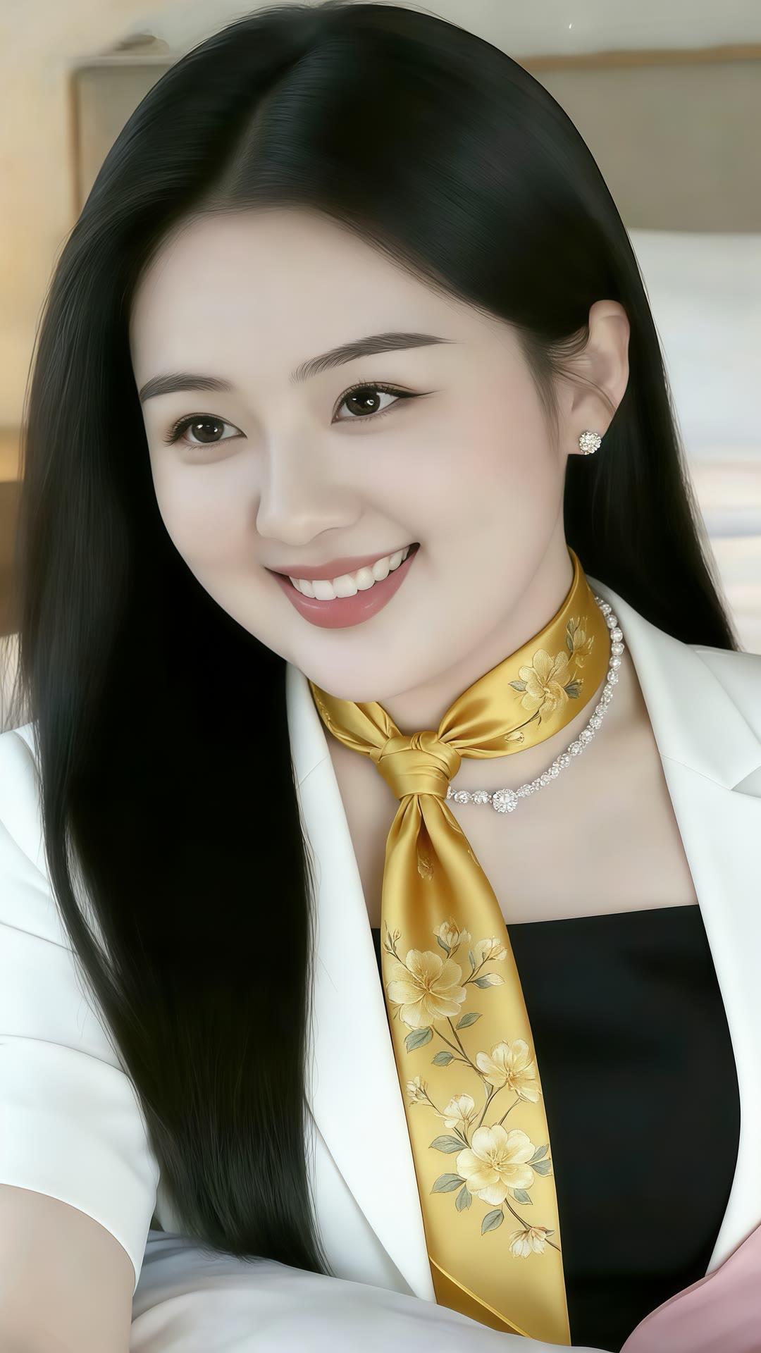 优雅白领风，金色丝巾搭配珍珠项链，尽显职场魅力！💄✨