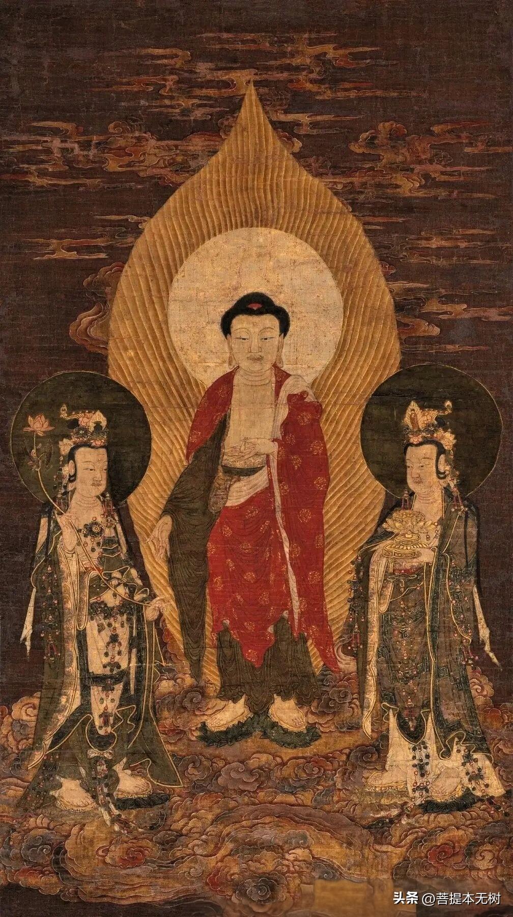 这是一幅馆藏明代绢本佛画，属于经典的阿弥陀佛来迎题材，描绘西方三圣自虚空踏云而下