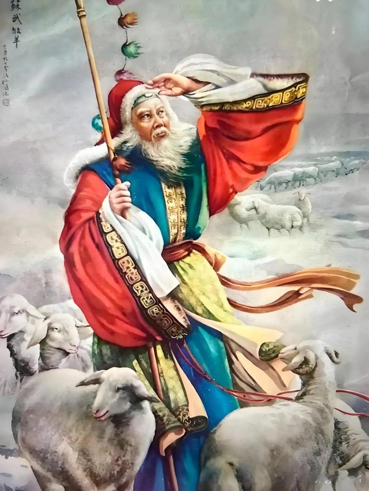 苏武奉命出使匈奴，却遭扣押，被流放至北海牧羊。他手持汉节，渴饮雪、饥吞毡，历尽艰