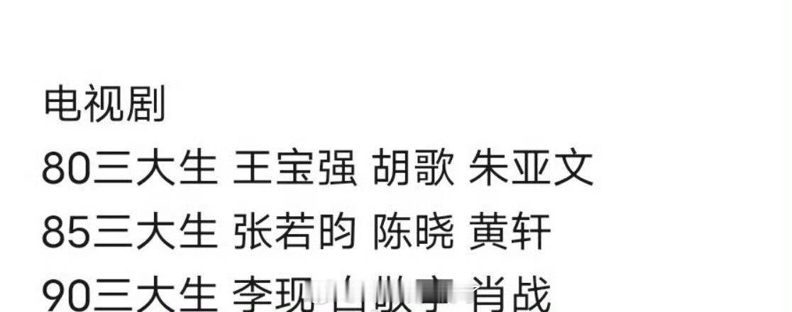 内娱剧圈三大生盘点来了，大家认同吗？80：王宝强、胡歌、朱亚文85：张若昀、陈晓