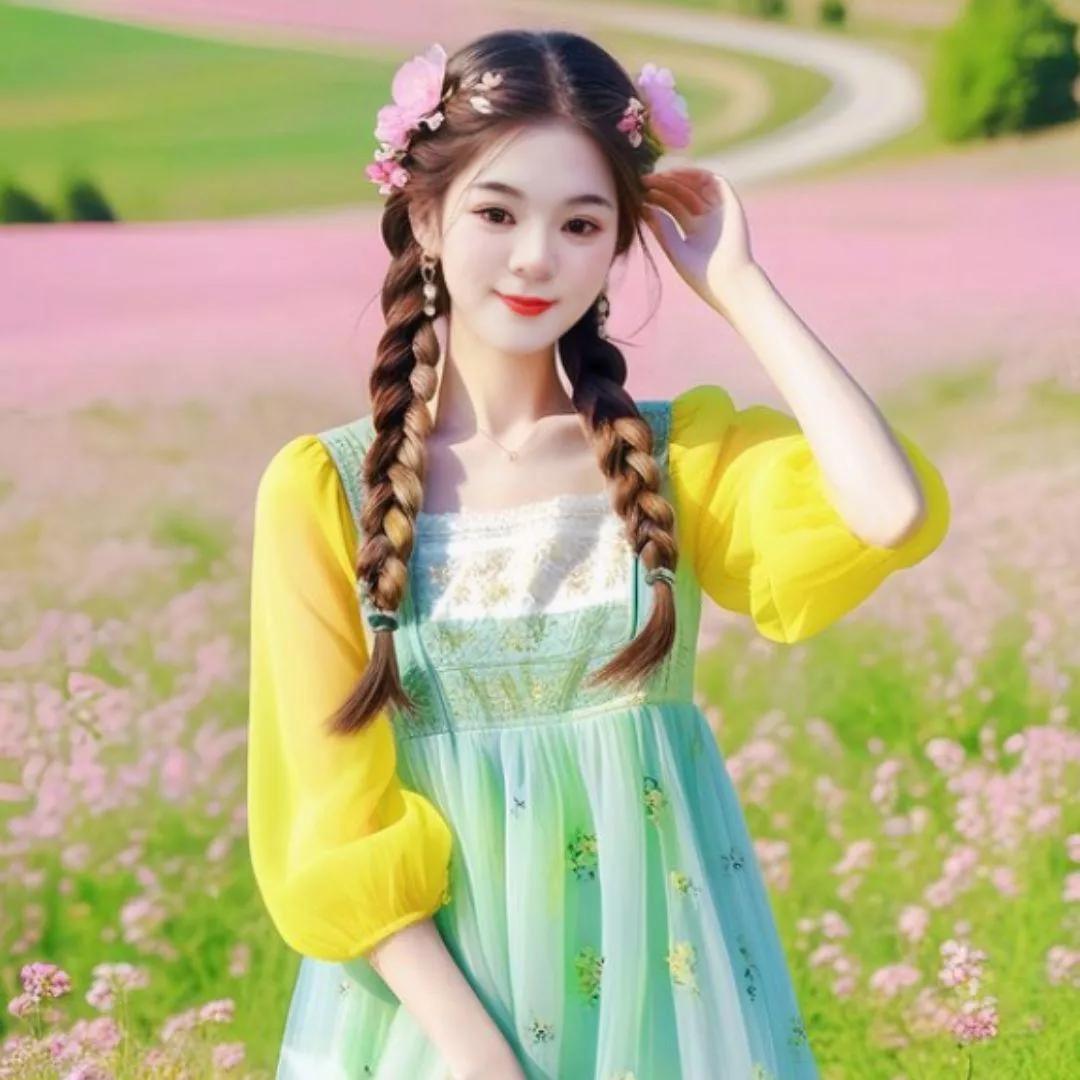 田园少女清新穿搭，花海中摆出甜美姿势田园个性穿搭 文艺田园穿搭 田园温柔风穿搭 
