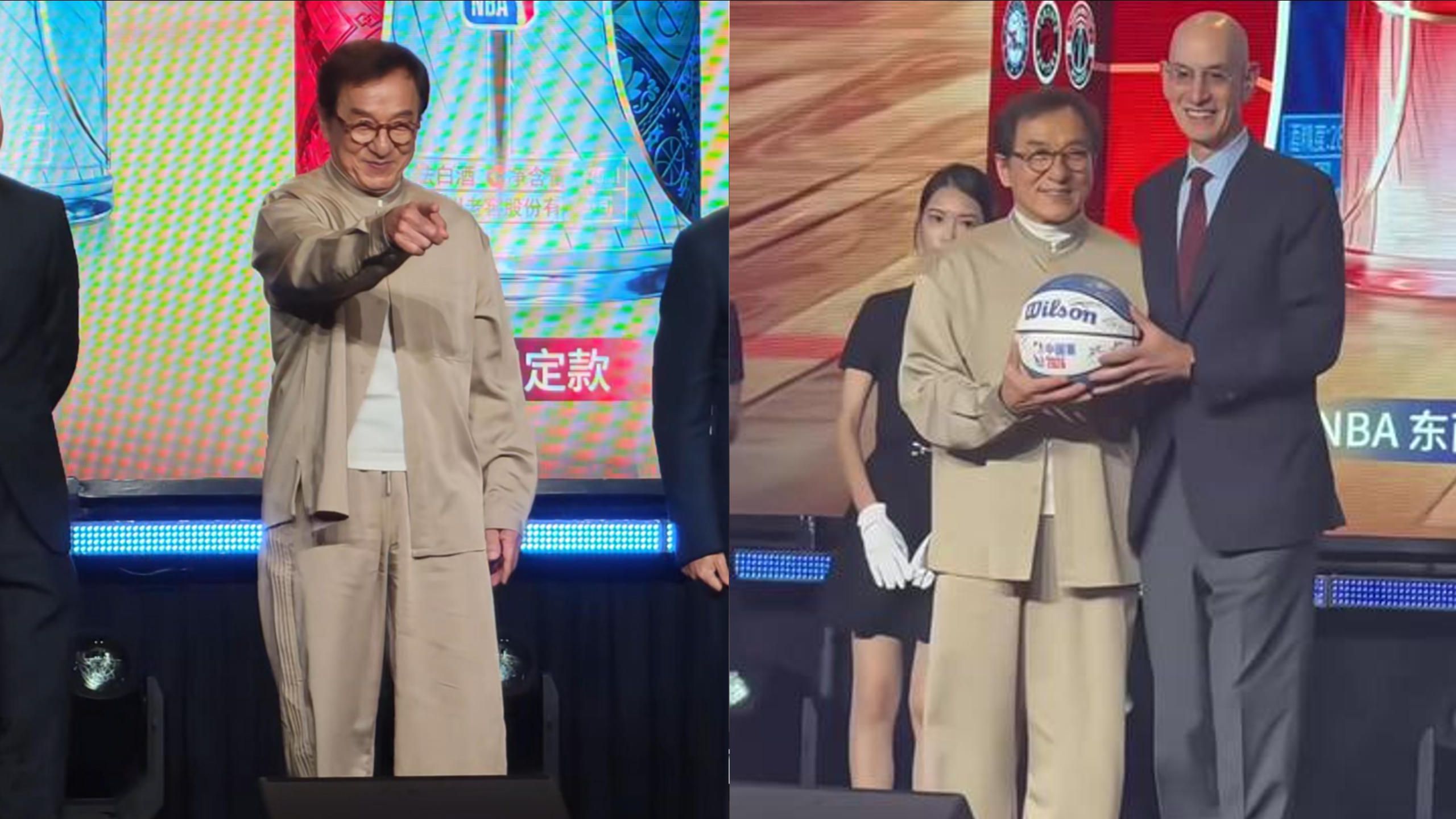 72岁成龙坐镇NBA中国赛！头发花白气场不减，国际排面拉满了