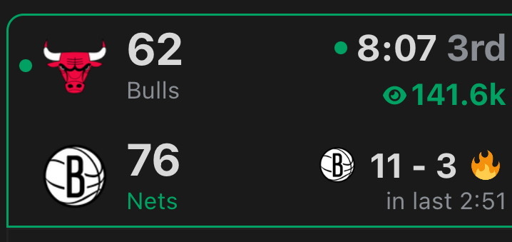当四爷投进了他本赛季的第3个三分时，你就知道事情不妙…公牛vs篮网NBA