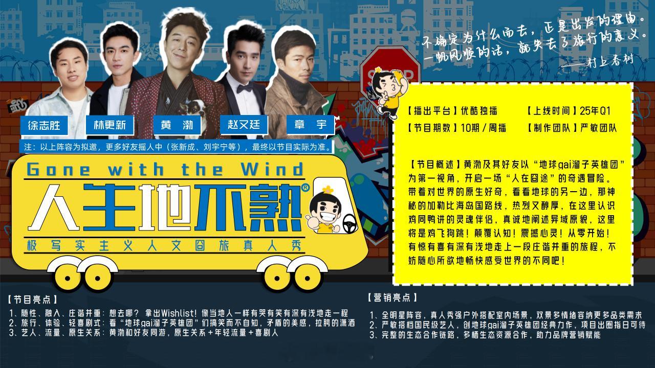 优酷综艺《人生地不熟》嘉宾：黄渤、林更新、赵又廷、徐志胜、章宇、张新成、刘宇宁等