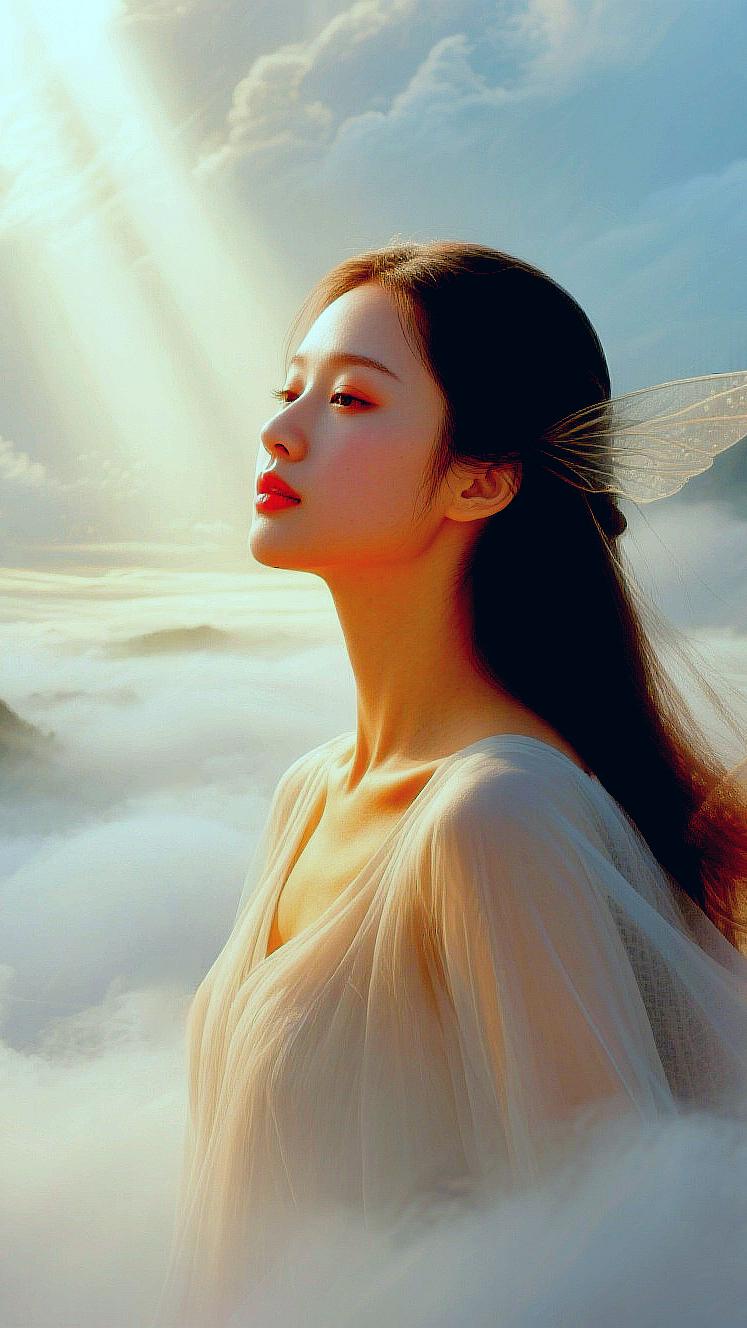 绝句·云中仙子
云衣轻卷逐流霞，
玉袂飘飖拂紫芽。
笑倚青霄凝远睇，
眸中星斗落