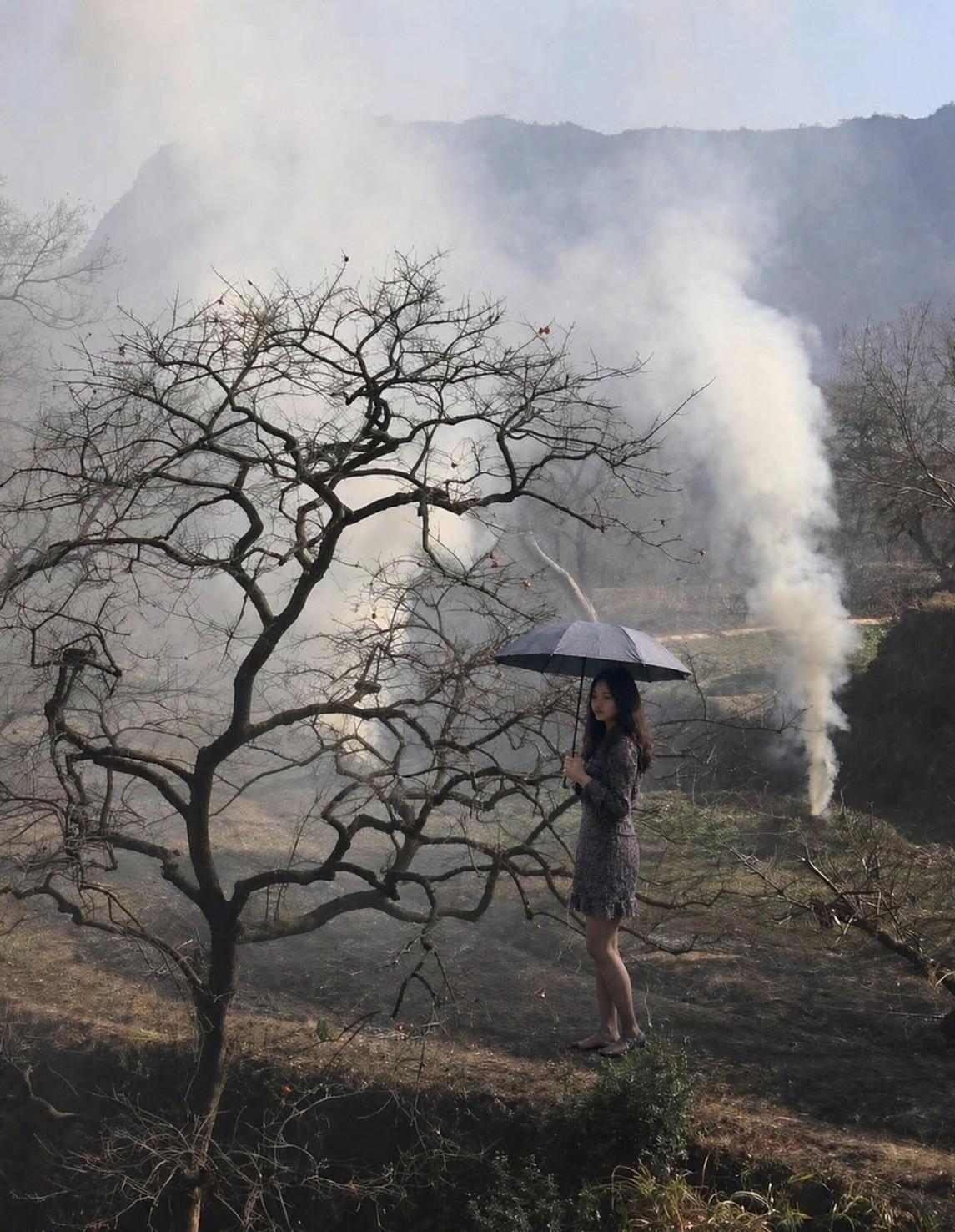 《烟村雨客》
枯枝柿红点冬山，
野径生烟白雾漫。
忽见雨中撑伞客，
移来深壑立清